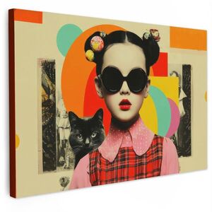 MuchoWow OBRAZ NA PLÁTNĚ Dívka - Sluneční brýle - Kočka - Retro 90x60 cm obraz