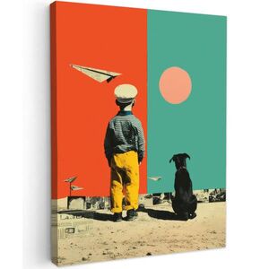 MuchoWow OBRAZ NA PLÁTNĚ Retro - Chlapec - Pes - Červená - Zelená 60x80 cm obraz