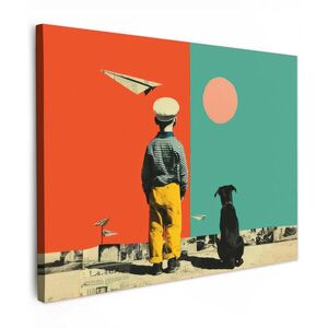 MuchoWow OBRAZ NA PLÁTNĚ Retro - Chlapec - Pes - Červená - Zelená 40x30 cm obraz
