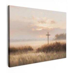 MuchoWow OBRAZ NA PLÁTNĚ Tráva - Ranní mlha - Kříž - Křesťanství 80x60 cm obraz