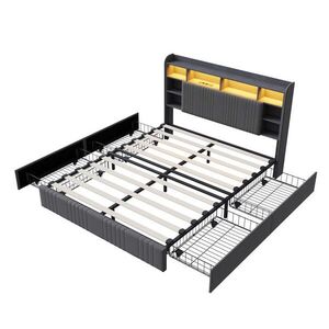 SHOPENTRA ČALOUNĚNÁ postel 160x200 šedá lněná látka, 4 zásuvky, LED, USB/USB-C obraz