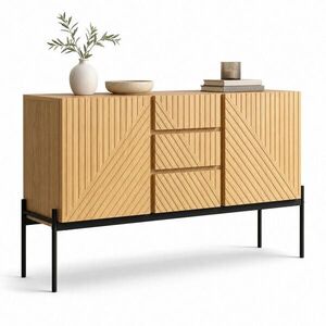 STILVORA KUCHYŇSKÁ SKŘÍŇ v černé barvě se 2 dvířky, 3 zásuvkami a kovovými nohami, s liniovým designem, 140 × 40 × 75 cm obraz