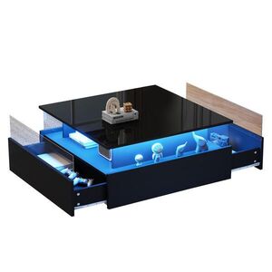 STILVORA KONFERENČNÍ STŮL v černém vysokém lesku s LED osvětlením a 2 zásuvkami, 70 × 70 × 41 cm obraz