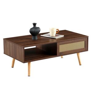 STILVORA KONFERENČNÍ STŮL v hnědé barvě, ratanový stolek s posuvnými dvířky, do obývacího pokoje, 105 × 55 × 40 cm obraz