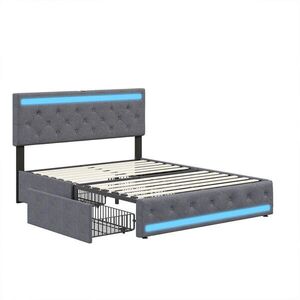 SHOPENTRA MANŽELSKÁ postel 180x200cm šedý lněný LED zásuvky s USB typu C obraz