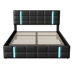 SHOPENTRA MANŽELSKÁ postel 160x200cm černá umělá kůže akryl LED USB obraz