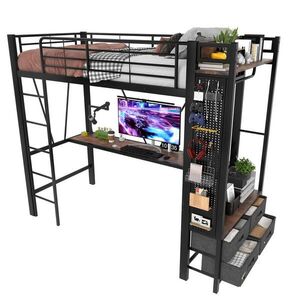 FLIEKS VYVÝŠENÁ POSTEL 90x200cm Kov Stůl Zásuvky LED Černá obraz