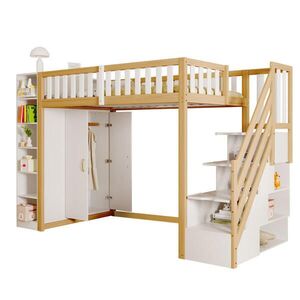 STILVORA HOCHBETT 90/200 cm in Weiß & Natur mit Kleiderschrank, Regalen und Schubladen Kinderbett obraz