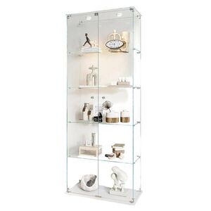 SHOPENTRA LED skleněná vitrína, 5 polic, dvoukřídlé dveře, sokl, moderní obraz