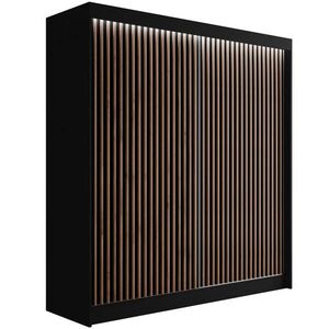 ALTDECOR ŠATNÍ SKŘÍŇ s LED, lamelové posuvné dveře VILANv2 – 200 cm černá + lamely dub wotan obraz