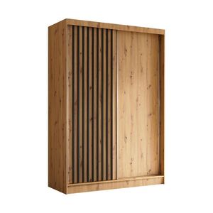 ALTDECOR ŠATNÍ SKŘÍŇ s dýhovanými posuvnými dveřmi a hliníkovými lamelami, LED osvětlení – LABELO – 150 cm Artisan+Artisan+černá obraz