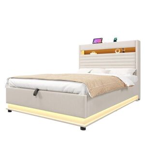 FLIEKS ČALOUNĚNÁ POSTEL 140x200cm Úložná LED USB-C Len Béžová obraz