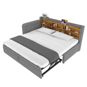 WISHDOR ROZKLÁDACÍ POHOVKA 90 × 200 cm / 90 × 189 cm v šedém lnu s USB, USB-C a odkládacími policemi obraz