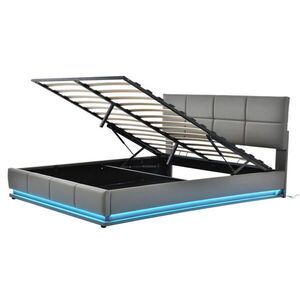WISHDOR ČALOUNĚNÁ POSTEL 160/200 cm v šedé umělé kůži s úložným prostorem a LED osvětlením obraz