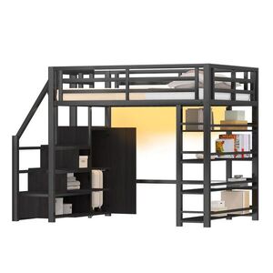 OKWISH PATROVÁ postel 140/200 cm černá z MDF a kovu s LED osvětlením, regálem, skříní a schody obraz