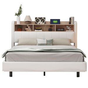 WISHDOR ČALOUNĚNÁ POSTEL 160x200 cm béžová s LED osvětlením, USB a Type-C portem, úložným prostorem, lněný vzhled obraz