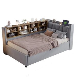 FLIEKS ČALOUNĚNÁ POSTEL, 90×200 cm, sametová, LED, USB, šedá obraz