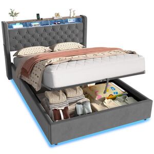 OKWISH ČALOUNĚNÁ postel 140/200 cm šedá s hydraulickým úložným prostorem, LED osvětlením a USB porty obraz