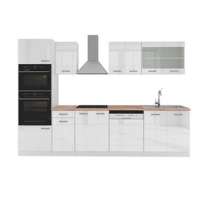 Vicco KUCHYŇSKÝ KOUT R-Line Bílá vysoký lesk 300 cm s vysokou skříní, PD Dub obraz