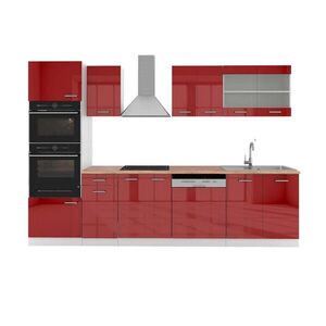 Vicco KUCHYŇSKÝ KOUT R-Line Červená vysoký lesk 300 cm s vysokou skříní, PD Dub obraz