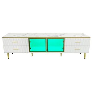 Modfu TV stolek z dřevotřísky 170x37x47, 5 cm bílý s LED osvětlením, 4 zásuvkami a dvířky z tvrzeného skla obraz