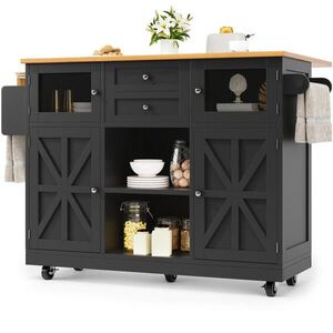 Modfu KUCHYŇSKÝ vozík z MDF a kovu 140x40x93, 5 cm černý se sklopnou deskou, kolečky, držákem na ručníky a úložným prostorem obraz