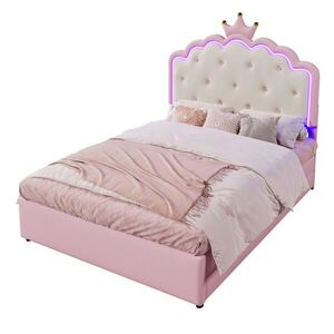 WISHDOR ČALOUNĚNÁ POSTEL 140 × 200 cm / 90 × 188 cm v růžové barvě s výsuvným lůžkem, 2 zásuvkami a LED osvětlením obraz