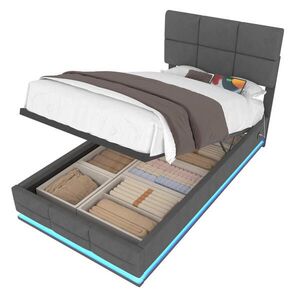 WISHDOR ČALOUNĚNÁ POSTEL 90 × 200 cm v tmavě šedém sametu s úložným prostorem, LED osvětlením a USB obraz
