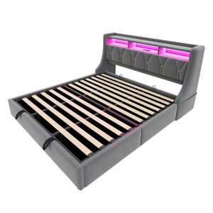 WISHDOR ČALOUNĚNÁ POSTEL 180 × 200 cm v šedém sametu s úložným prostorem, LED osvětlením, USB a USB-C obraz