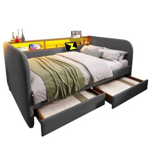 WISHDOR ČALOUNĚNÁ POSTEL 140 × 190 cm v šedém lnu se 2 zásuvkami, LED osvětlením a USB obraz
