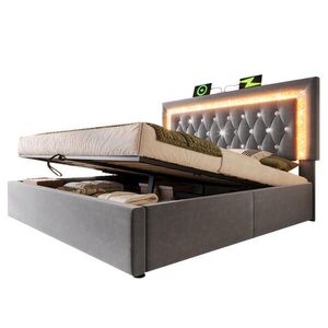 Redom ČALOUNĚNÁ postel 140/200 cm ze sametu s LED osvětlením, USB a USB-C nabíjením, hydraulickým úložným prostorem, Šedá obraz
