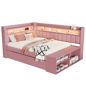 OKWISH ČALOUNĚNÁ postel 90/200 cm růžová z MDF a překližky s LED, USB a botníkem obraz