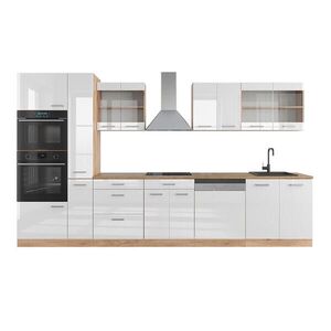 Vicco KUCHYŇSKÝ KOUT R-Line Bílý vysoký lesk/zlatý dub power 350 cm s vysokou skříní, bez pracovní desky obraz