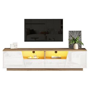 Modfu TV stolek z dřevotřísky 180x40x46 cm bílý v dekoru dřeva s LED osvětlením, 2 zásuvkami, 2 dvířky a vysokým leskem obraz