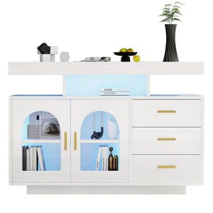Modfu PŘÍBORNÍK z dřevotřísky 120x40x80 cm bílý s LED osvětlením, 3 zásuvkami a úložným prostorem obraz