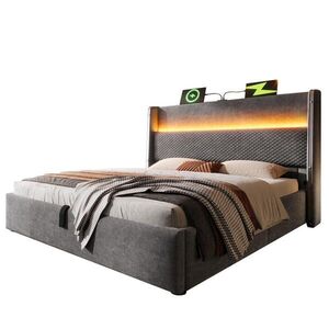 Modfu ČALOUNĚNÁ postel ze lnu 140x200 cm šedá s LED osvětlením, USB, Type-C a hydraulickým úložným prostorem obraz