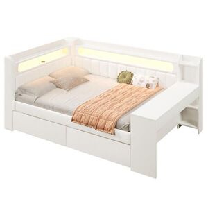 Modfu ČALOUNĚNÁ postel z MDF a překližky 140x200 cm bílá s LED osvětlením, USB portem, psacím stolem a 2 zásuvkami obraz