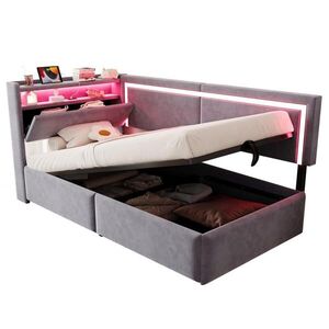 OKWISH ROZKLÁDACÍ čalouněná postel 90/200 cm světle šedá ze sametu s LED a USB úložným prostorem obraz