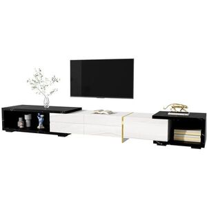 Redom TV stolek 140-260/40/30 cm s otočnou a variabilní délkou, mramorový dekor, vysoký lesk a zlaté detaily, Bílá/Černá obraz