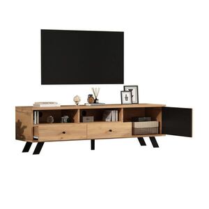 Redom TV stolek 150/38/44 cm s 2 zásuvkami, skříňkou a otevřenými přihrádkami, vhodný pro TV do 60", Dubová barva obraz