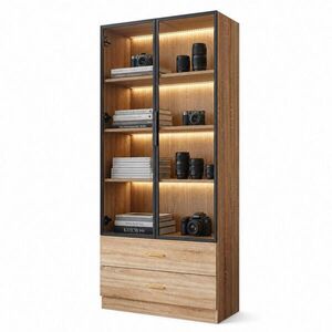 STILVORA HNĚDÁ Koupelnová SKŘÍŇ s LED osvětlením, skleněné dveře, 2 zásuvky, 2 dvířka, 75x34, 5x170 cm obraz
