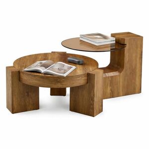 STILVORA SADA KONFERENČNÍCH STOLŮ v přírodní barvě se skleněnou deskou do obýváku 44x62x44 cm, Ø61x30 cm obraz