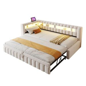 WISHDOR ROZKLÁDACÍ POHOVKA 90/200 cm & 90/190 cm v béžovém sametu s LED osvětlením, USB, Type-C a odkládacími přihrádkami obraz