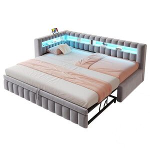 FLIEKS ČALOUNĚNÁ POSTEL, 90×200 cm, sametová, LED, USB, šedá obraz