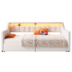 WISHDOR ROZKLÁDACÍ POHOVKA 90/200 cm & 180/200 cm v béžové lněné látce se 2 zásuvkami, LED osvětlením a USB obraz