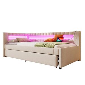WISHDOR POSTEL 90/200 cm & 90/190 cm v béžové lněné látce s výsuvným lůžkem, LED osvětlením, USB a Type-C obraz