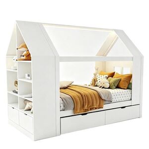 FLIEKS DĚTSKÁ POSTEL 90x200 Domečkový Design LED Zásuvky Bílá obraz