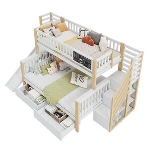 STILVORA ETAGENBETT 90/200 cm & 140/200 cm in Weiß & Natur Kinderbett mit Rutsche, Treppe und Stauraum Massivholz Hausbett-Design obraz
