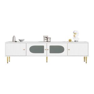 STILVORA TV stolek Bílý se skleněnými dvířky, drážkovaným čelem a zlatými detaily do obývacího pokoje, 170×35×50 cm obraz