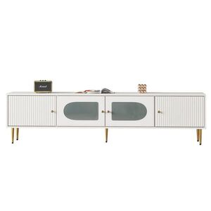 Redom TV stolek 170/35/50 cm s dvířky s drážkou, obloukovým sklem a kabelovými průchodkami, z dřevotřískové desky, Bílá obraz